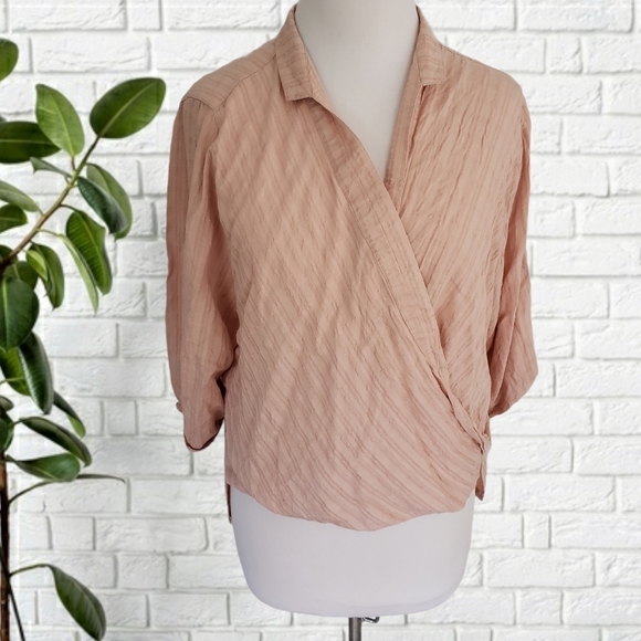 Elan Tops - Elan Faux Wrap Style Collared Blouse M/L